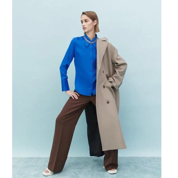 Zara Satin Effect Button Down Shirt Point Collar Long Sleeve Wide Cuff Blue S - Picture 9 of 10